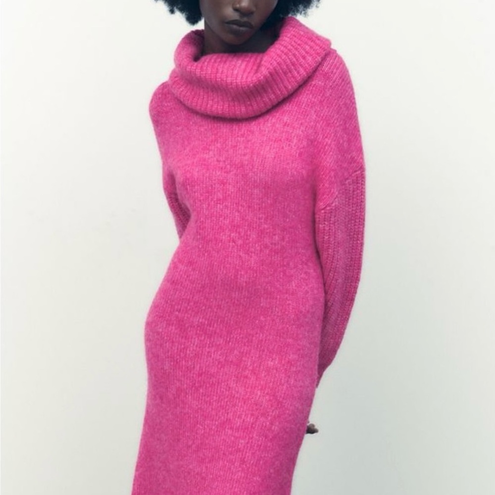 Zara Vibrant Pink Cowl Neck Sweater Dress